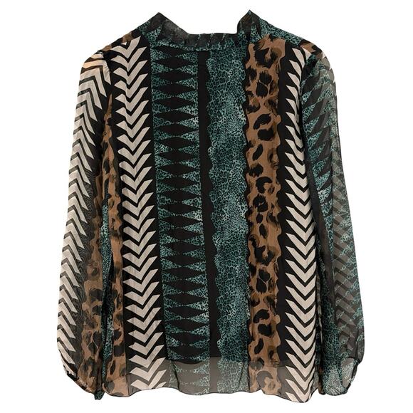 Elena Baldi Silk Blend Bow Tie Blouse Top Sz M Made in Italy Sheer Print NWT - Picture 3 of 8